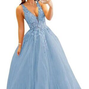 Tulle Prom Lace Applique Ball Gowns V Neck A Line Formal Evening Dress Size 20